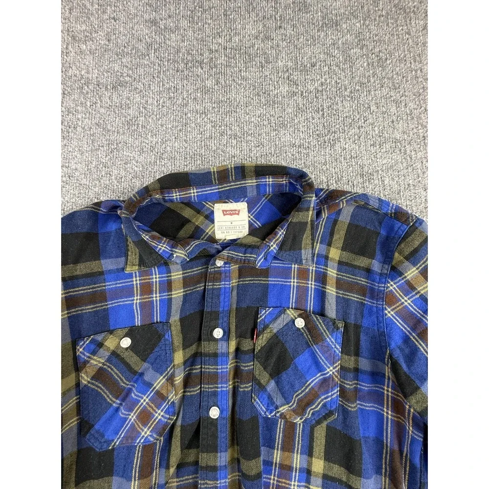 Levi's Shirt Mens Medium Blue Plaid Flannel Long Sleeve Button Up Pockets Casual